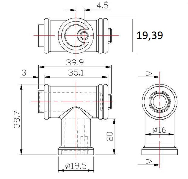 Technische Zeichnung eines T-Stücks mit Maßangaben in Millimeter.