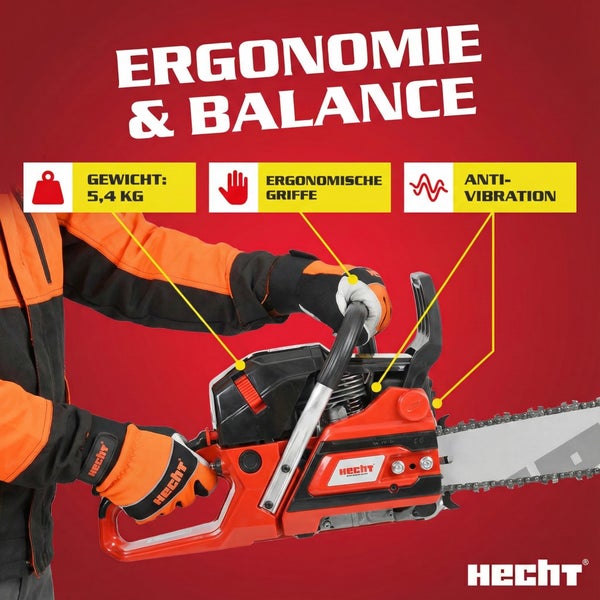 Hecht Kettensäge mit ergonomischen Griffen und Antivibrationssystem