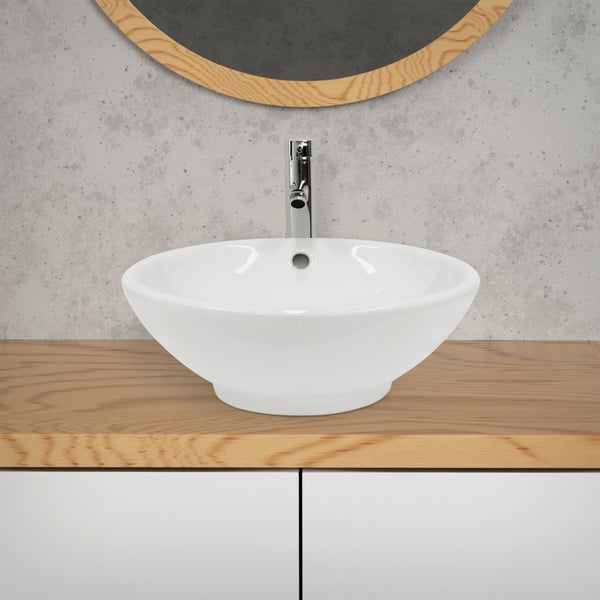 ECD Germany Waschbecken Waschtisch Ø 420 x 170 mm aus Keramik Rund Weiß - Aufsatzbecken Aufsatzwaschbecken Handwaschbecken Aufsatzwaschtisch Spülbecken Becken Wasserfall Waschschale Waschschüssel