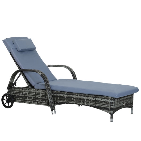 Outsunny Sonnenliege Polyrattan Gartenliege mit 5-Fach verstellbarer Rücklehne, Polsterauflage, Rollen, Kissen, 160 kg belastbar Relaxliege Liegestuhl für Garten, 200x73x30-103cm, Grau