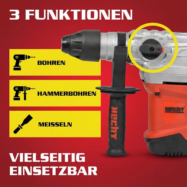 Hecht Hammerbohrer mit drei Funktionen: Bohren, Hammerbohren und Meißeln.
