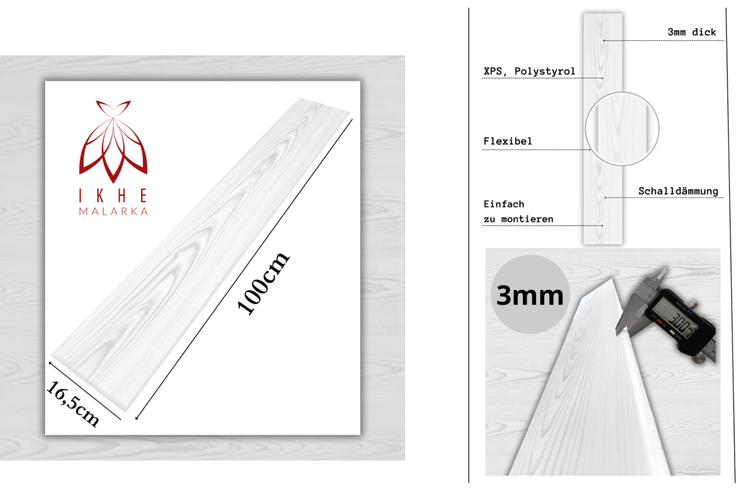 IKHE MALARKA Wandpaneel aus Polystyrol in Holzoptik, 100 mal 16,5 Zentimeter, 3 Millimeter dick, flexibel, schalldämmend und montagefreundlich.