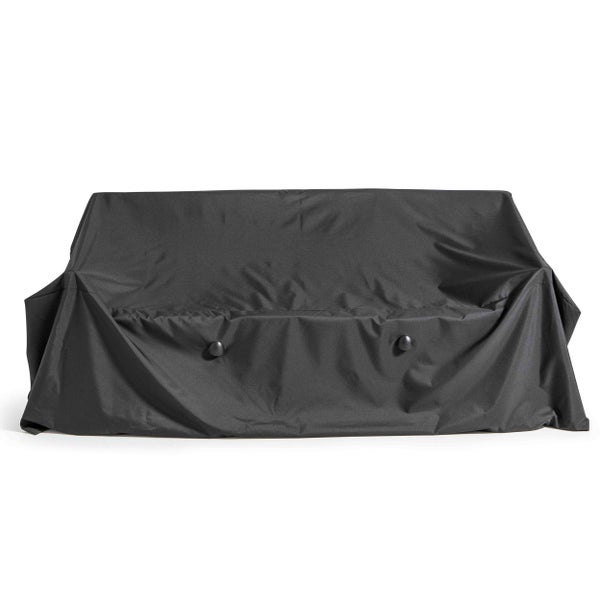 Schwarze Schutzhülle für Gartensofa aus strapazierfähigem Material mit Befestigungsknöpfen.