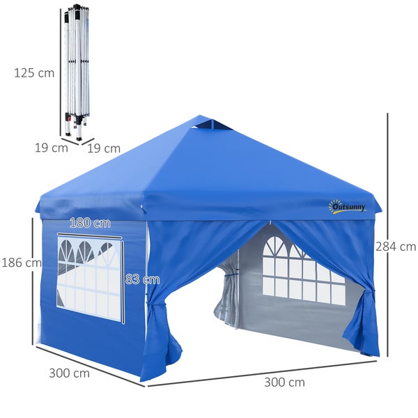 Outsunny Pavillon, 4 Seitenwände mit Fenster, Tür, inkl. Heringe, Tragetasche, 3x3m, Metall, Oxford, Blau