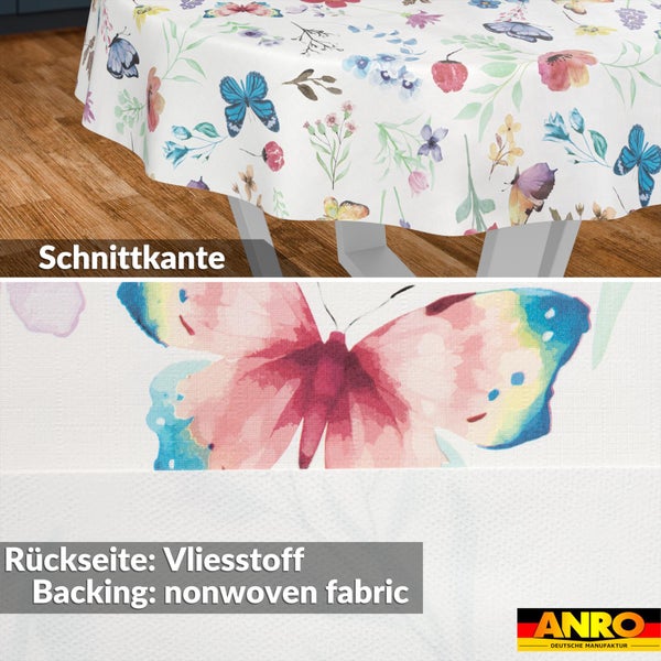 Rundtischdecke mit Schmetterlingen und Blumen, Schnittkante, Rückseite aus Vliesstoff, ANRO Logo.