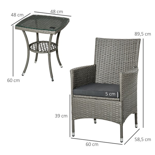 Outsunny 3-tlg. Gartenmöbel-Set, B60 x T58,5 x H89,5 cm, Metall, PE-Rattan, Polyester, Schaumstoff, grau