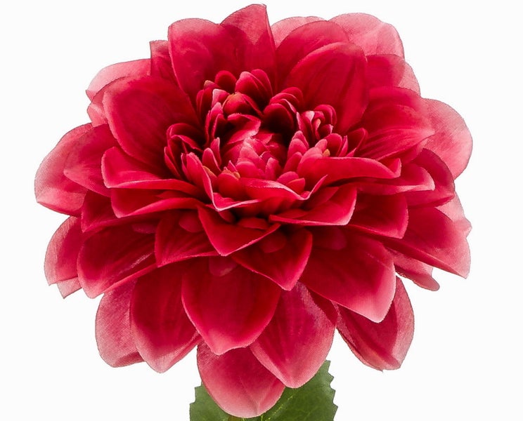 Künstliche Blume, rote Blüte und Knospe aus Textilmaterial mit grünem Stiel.