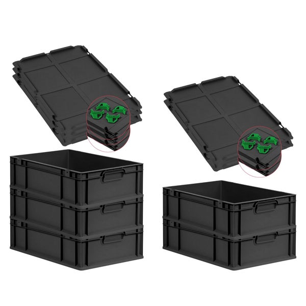 PROREGAL SuperSparSet 5x Eurobox NextGen Grip mit Auflagedeckel inkl. 4 grünen Schiebeschnappverschlüssen, HxBxT 17x40x60cm, 34 Liter, Schwarz, Griffe geschlossen, Eurobehälter, Transportbox, Transportbehälter, Stapelbehälter