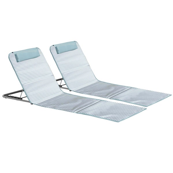 Set aus zwei Strandmatten mit verstellbarer Rückenlehne, gestreiftem Muster und integriertem Kopfkissen.