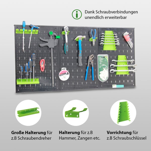 Lochwand Set aus Metall mit Werkzeughaltern zur Wandaufbewahrung von Handwerkzeugen in einer Werkstatt.