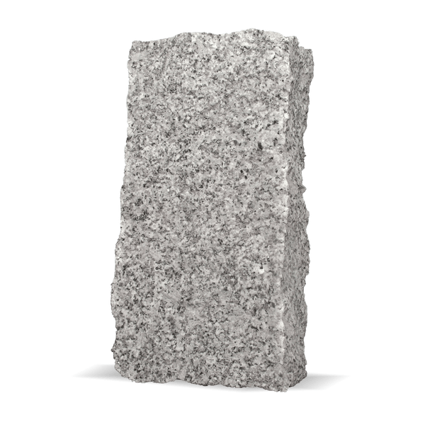 Natursteinmauerstein aus grauem Granit, grob behauen, rechteckig.