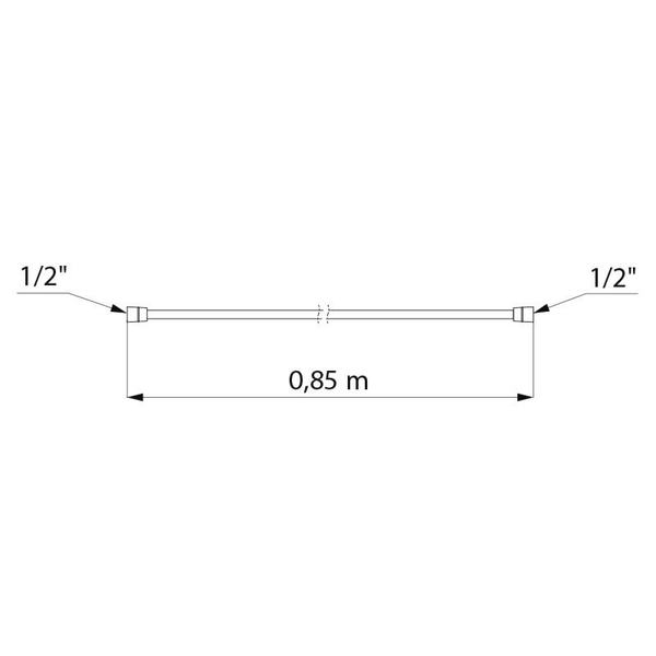 Maßzeichnung eines Schlauchs mit einer Länge von 0,85 Meter und zwei Anschlüssen der Größe ein halb Zoll.