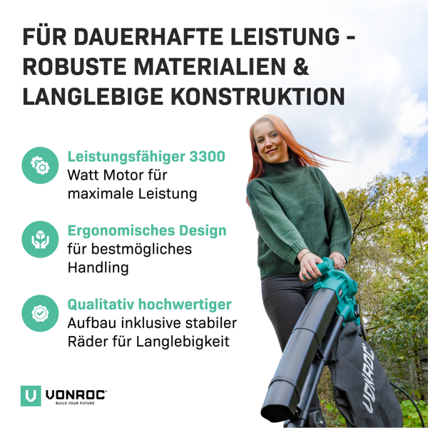 VONROC Laubsauger Elektro 3300W - Laubsammler 3 in 1 Funktion - Blasen 270km/h, Saugen, Zerkleinern - Inkl. 40l Sammelbeutel