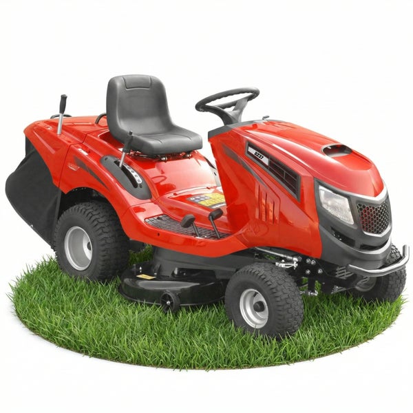 Roter Aufsitzmäher auf Gras