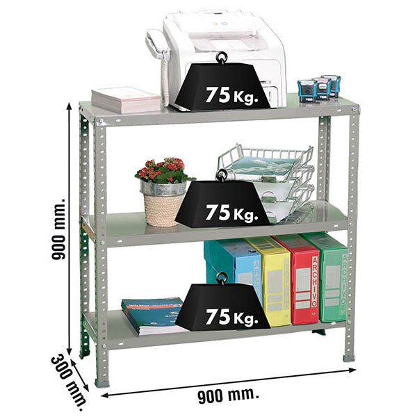Graues Metall-Schraubregal mit 3 Fachböden, Tragkraft 75 Kilogramm pro Boden, Maße 900 mal 900 mal 300 Millimeter.