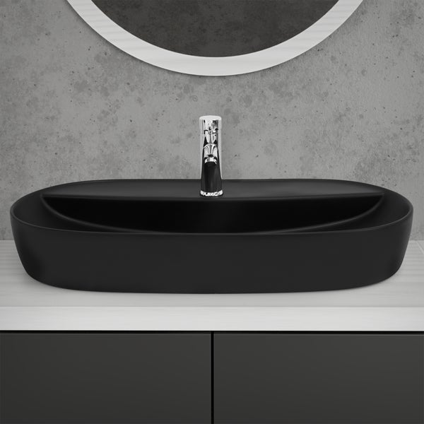 ML-Design Waschbecken aus Keramik in Schwarz matt 80 x 40 x 12 cm, Oval, Moderne Aufsatzwaschbecken, Design Waschtisch Aufsatz-Waschschale Waschplatz Handwaschbecken, für das Badezimmer / Gäste-WC