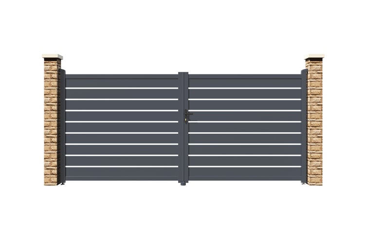 Doppelflügeltor aus Aluminium mit Steinpfosten
