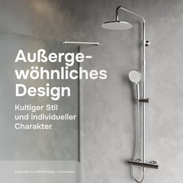 Duschsystem mit Regendusche und Handbrause an einer Wand montiert mit Thermostatarmatur aus Metall in einer modernen Badezimmerumgebung