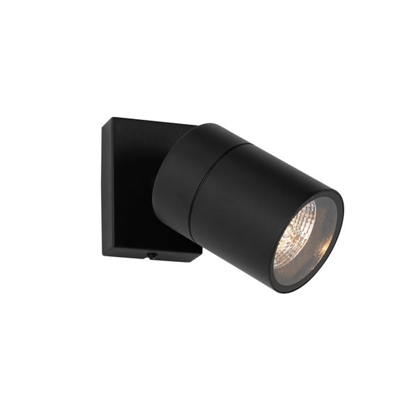 Schwarzer, verstellbarer Wandstrahler mit zylindrischem Kopf und quadratischer Wandhalterung.