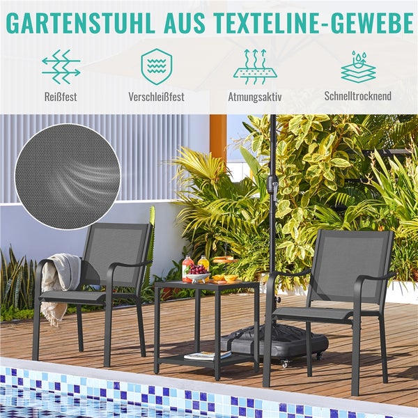 Gartenstühle aus Texteline-Gewebe am Pool. Merkmale: reißfest, verschleißfest, atmungsaktiv und schnelltrocknend. Detail der Gewebestruktur.