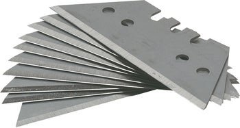 Ein Fächer aus mehreren trapezförmigen Ersatzklingen aus Metall für ein Universalmesser.
