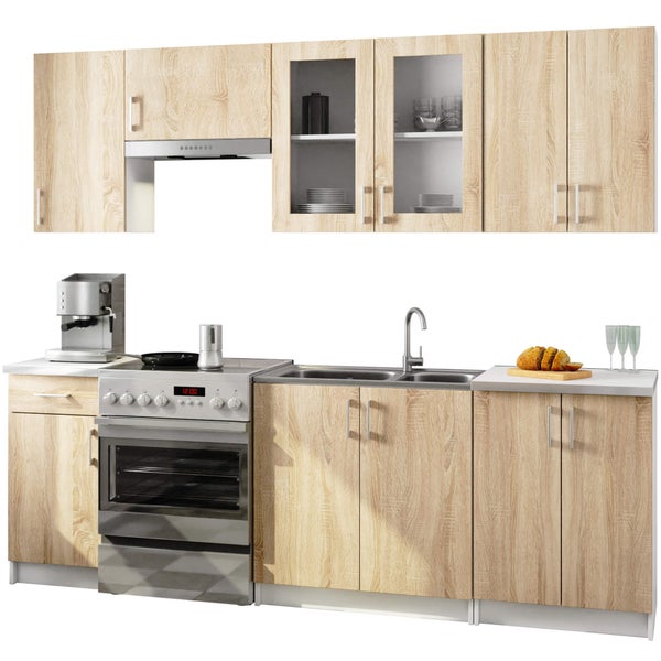 Komplette Küchenzeile mit Ober- und Unterschränken, Spüle, Herd und Dunstabzugshaube