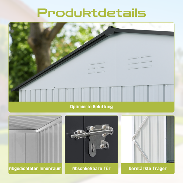 Detailansicht eines Gerätehauses mit optimierter Belüftung, abschließbarer Tür, abgedichtetem Innenraum und verstärkten Trägern