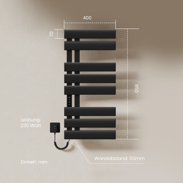 EMKE Elektrischer WLAN-Handtuchwärmer, 850×400 mm, 230W, Smart Touch & App-Steuerung, IPX5, Linksanschluss, flache Rohre, Schwarz