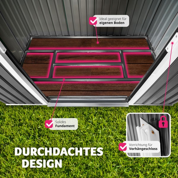 Innenansicht eines Gerätehauses mit Bodenrahmen für Bodenplatten, solidem Fundament und Vorrichtung für Vorhängeschloss