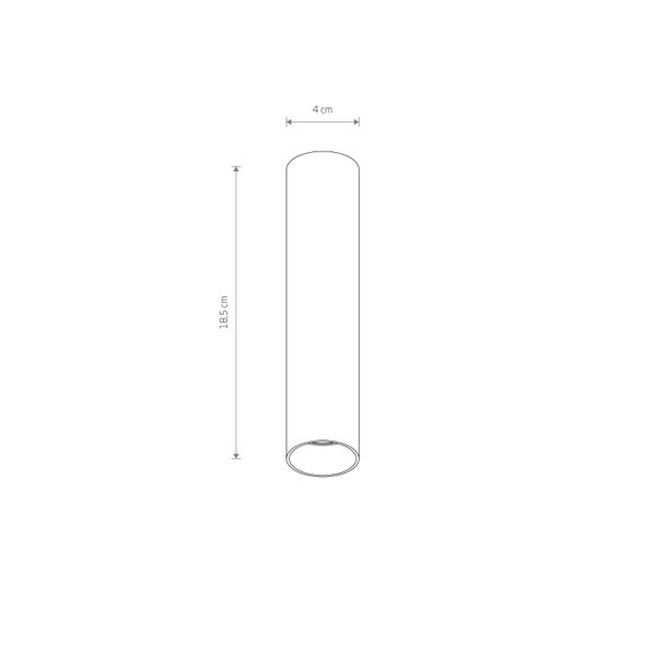 Technische Zeichnung einer Leuchte mit den Maßen 18,5 cm Höhe und 4 cm Durchmesser.