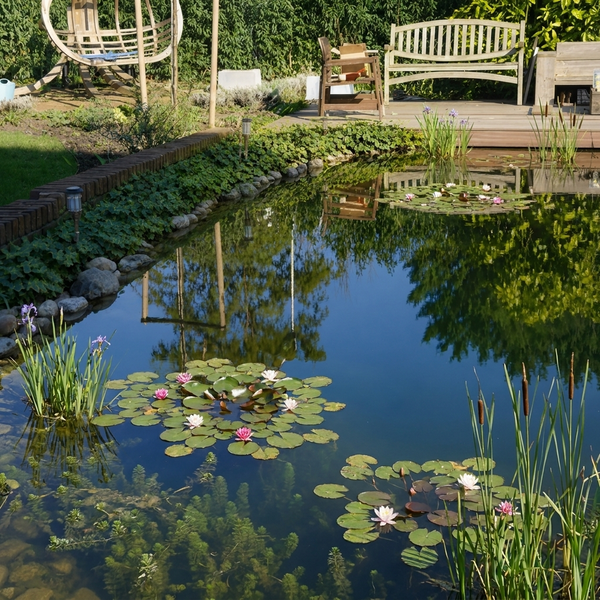 Angelegter Gartenteich mit blühenden Seerosen, Schilf und Wasserpflanzen, dahinter eine Holzterrasse mit Gartenmöbeln inmitten von üppigem Grün.