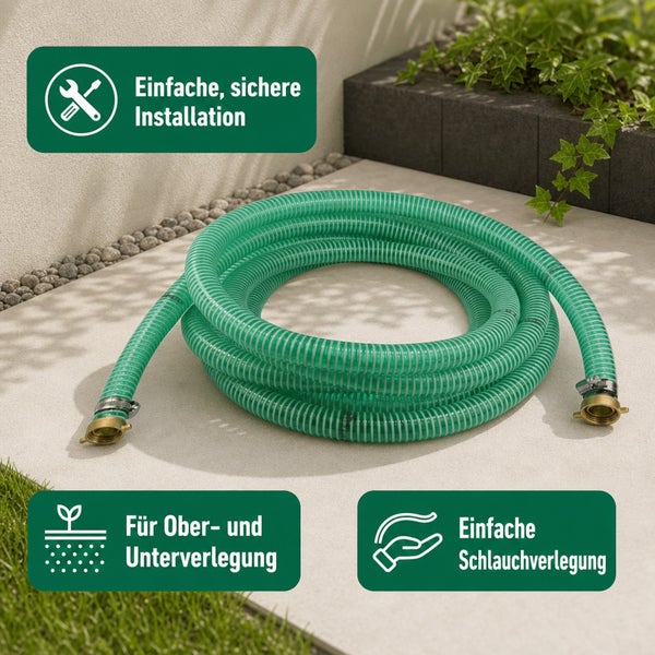 Ein aufgerollter Saugschlauch mit Metallanschlüssen zur Bewässerung, geeignet für ober- und unterirdische Verlegung im Garten.