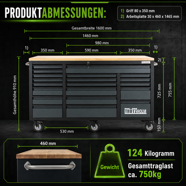 Trutzholm Werkstattwagen mit Holz-Arbeitsplatte. Maße: 1600 x 910 x 460 Millimeter. Gewicht 124 Kilogramm, Traglast circa 750 Kilogramm.