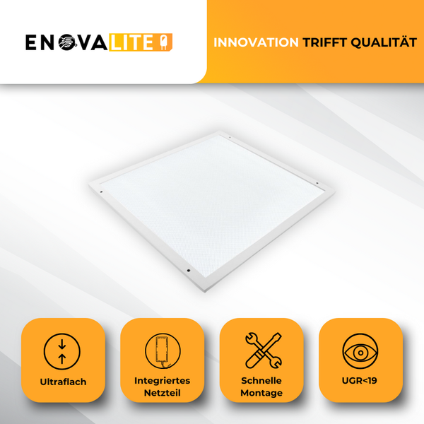 EnovaLite Logo, LED-Panel mit den Hinweisen: Ultraflach, Integriertes Netzteil, Schnelle Montage, UGR kleiner als 19