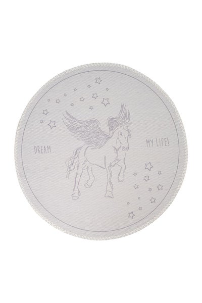 Runder Kinderteppich mit Einhorn-Motiv, Sternen und dem Schriftzug Dream My Life.