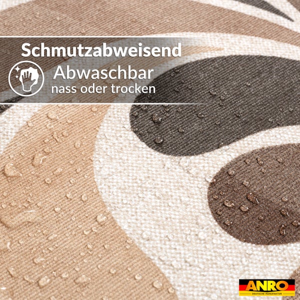 Schmutzabweisendes, abwaschbares Material mit Wassertropfen auf der Oberfläche, Eigenschaft abwaschbar, ANRO Logo.
