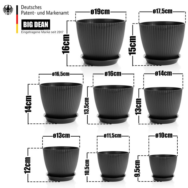 BigDean 8er Set Blumentopf in 8 verschiedenen Größen mit passenden Untersetzer Anthrazit – hochwertiger & wetterfester Pflanztopf – perfekt für Innen- & Außenbereich geeignet