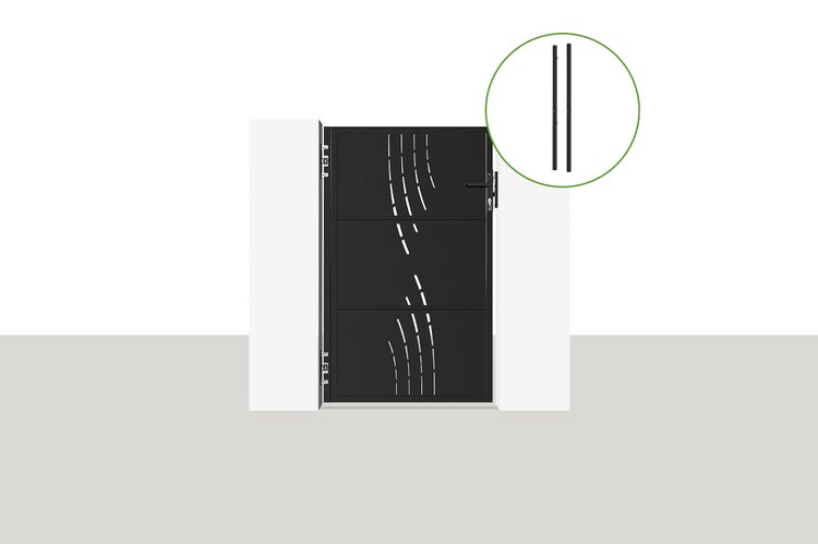 Gartentür mit Zierlinien und Detailaufnahme von Zaunelementen