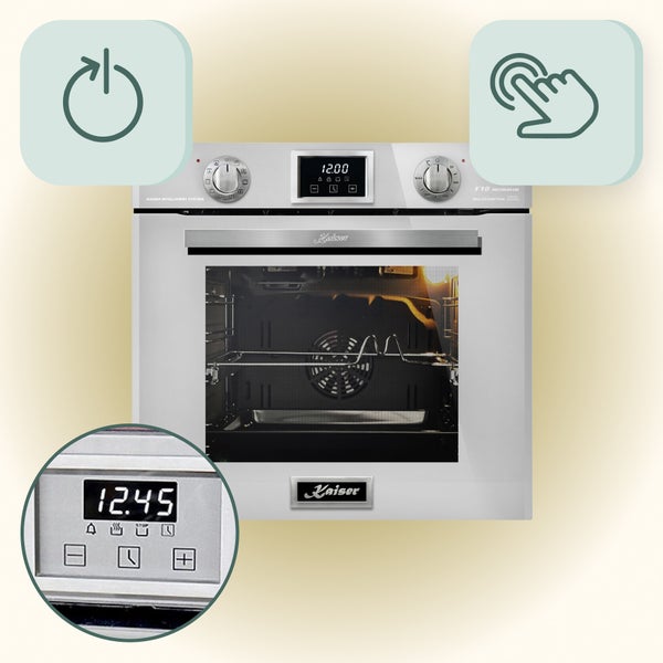 Einbaubackofen von Kaiser mit digitalem Display, Drehknöpfen, Touch Bedienung und Zeitschaltuhr für die moderne Küche.