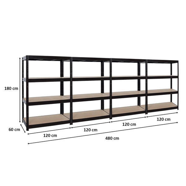 PROREGAL Mega Deal 4er-Sparset Profi-Schwerlastregal DINO HxBxT 180x120x60cm Fachlast 600kg Schwarz