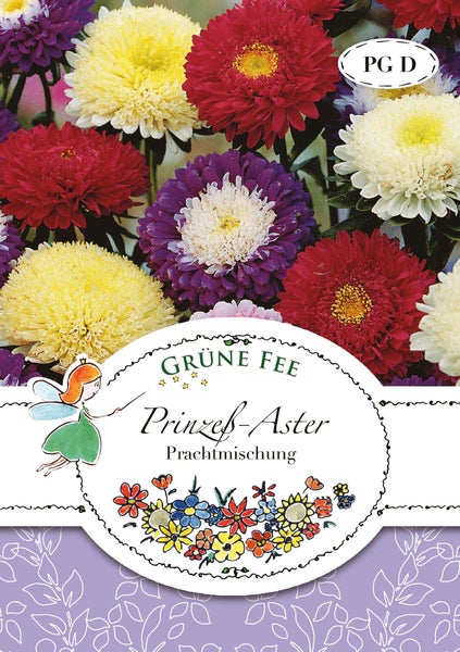Samentüte für Prinzeß-Aster Prachtmischung mit verschiedenen Asternblüten, Grüne Fee Logo und Preisgruppe D.