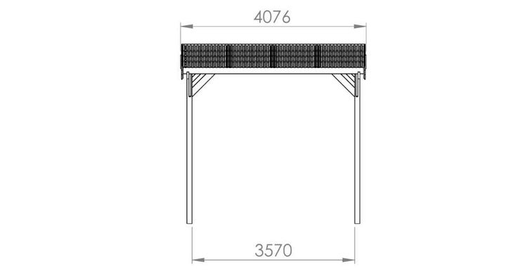Technische Zeichnung eines Carports mit Maßangaben. Die Dachbreite beträgt 4076 Millimeter und das Innenmaß zwischen den Pfosten 3570 Millimeter.
