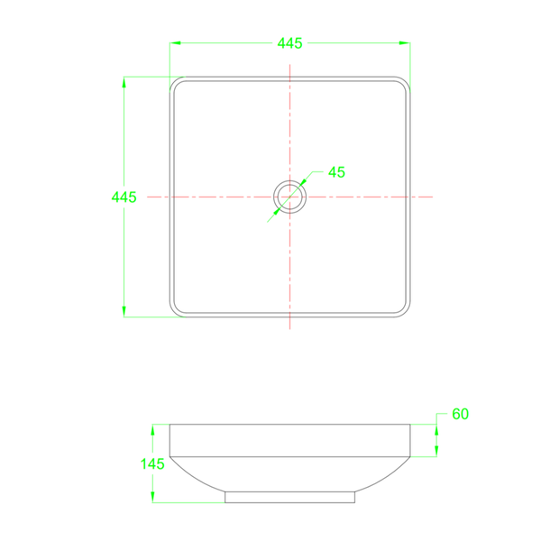 Maßzeichnung eines quadratischen Waschbeckens mit Abmessungen von 445 mal 445 Millimetern und einer Höhe von 145 Millimetern.