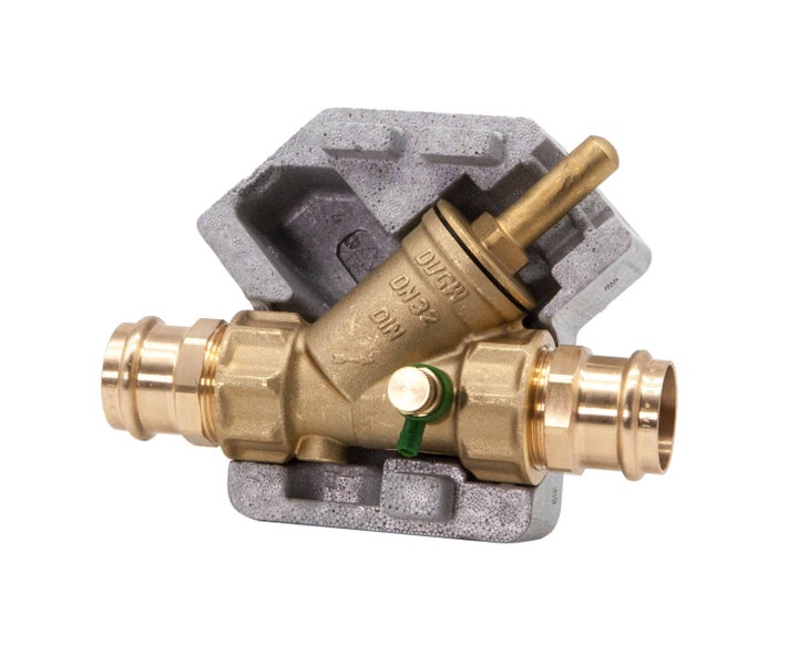 Messing-KFR-Ventil mit Pressanschluss DN32 und Dämmschale, DVGW-geprüft.