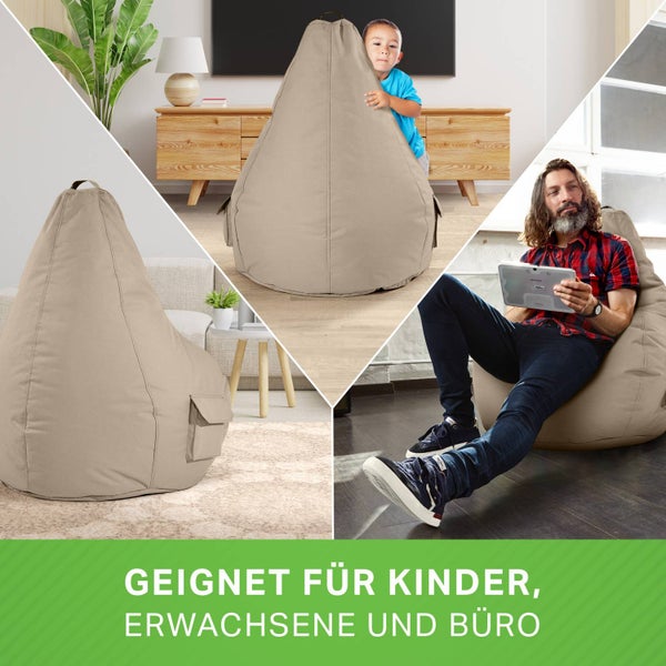 Green Bean 2er Set Sitzsack + Hocker - fertig befüllt - robust waschbar schmutzabweisend - Kinder & Erwachsene Bean Bag Bodenkissen Lounge Sitzhocker Relax-Sessel Gamer Gamingstuhl Pouf - Taupe
