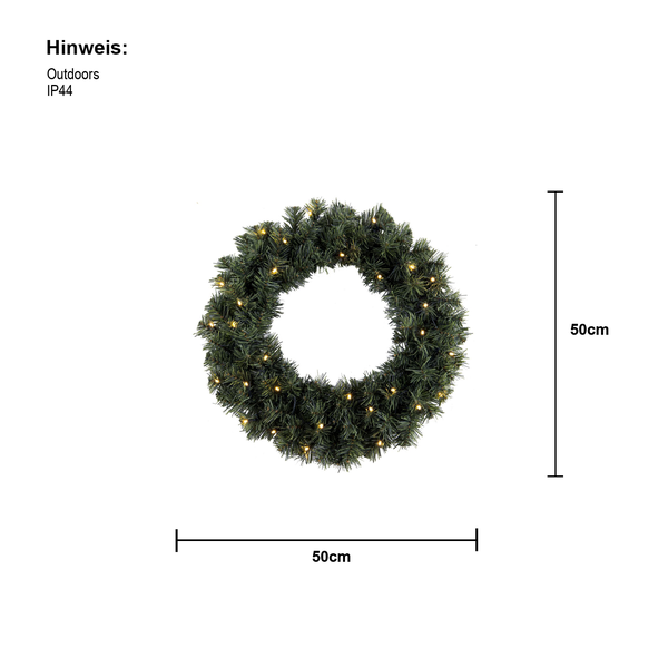 Weihnachtlicher Türkranz mit Beleuchtung, 50 cm Durchmesser, geeignet für den Außenbereich