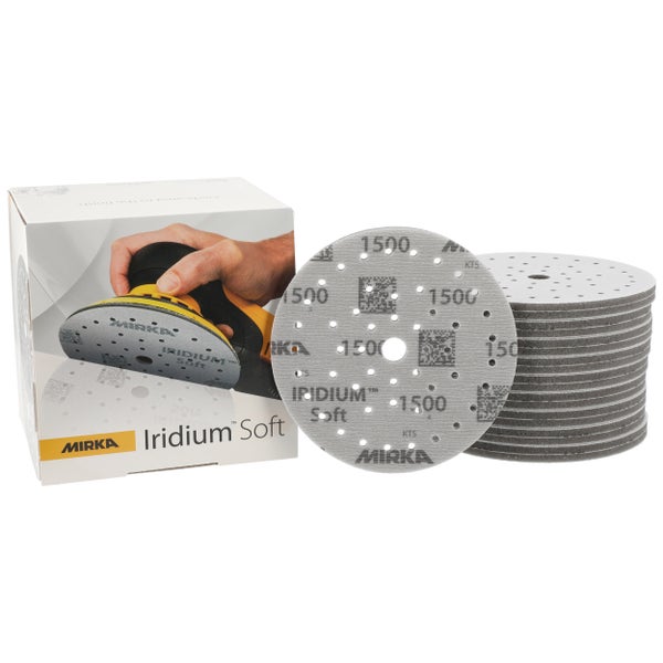 Mirka Iridium Soft Schleifscheiben Ø 150 mm / Korn P1500 / Klett Multifit / 20 Stück / schaumbasiertes Schleifmittel für präzises Trockenschleifen, Klarlackschliff, Finish