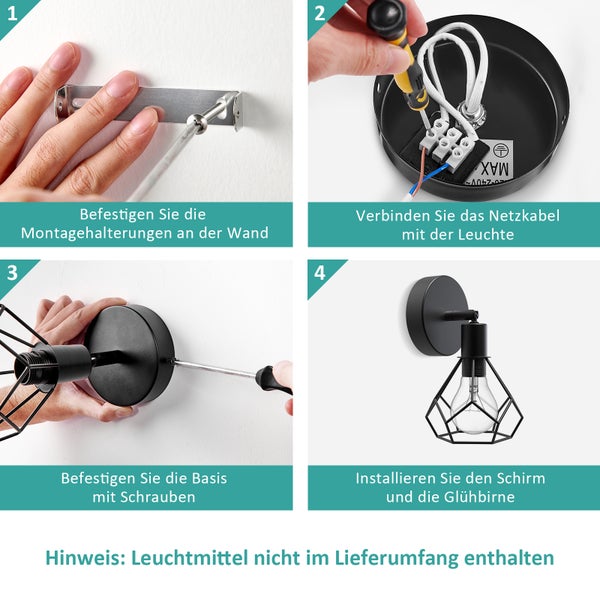 EMKE Retro Wandleuchte Schwarz, Industrielle Wandlampe mit E14 Fassung, Schwenkbar, IP20, Vintage Design, Wohnzimmer & Flur, Ohne Leuchtmittel, 120x 119x200 mm