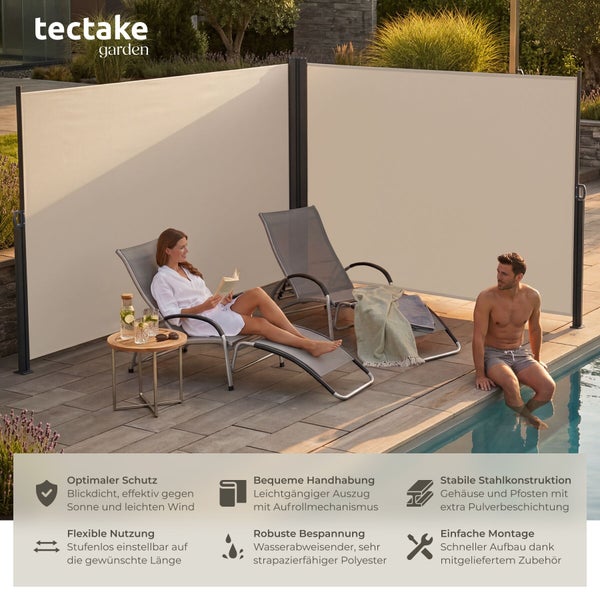 Doppel-Seitenmarkise aus Stahl und Polyester als Sichtschutz auf einer hellen Terrasse am Pool. Tectake garden Logo und Produktmerkmale.