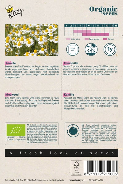 Bio-Kamillensamenpackung mit Anweisungen zu Aussaat und Ernte